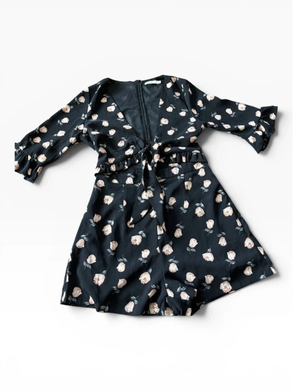 Vera & Lucy Black Floral Tie-Front Romper Playsuit Size S